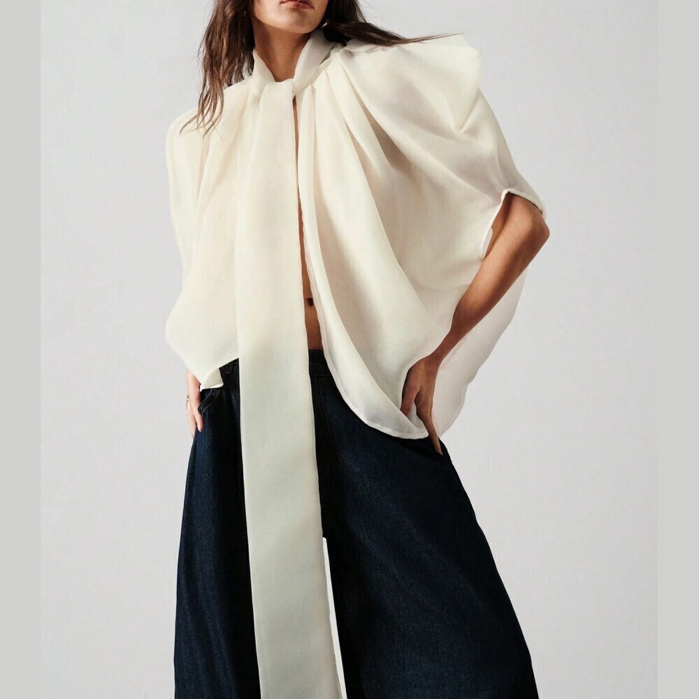 Cream Draped Tie Neck Cape Sleeve Ultra Sheer Oversized Blouse